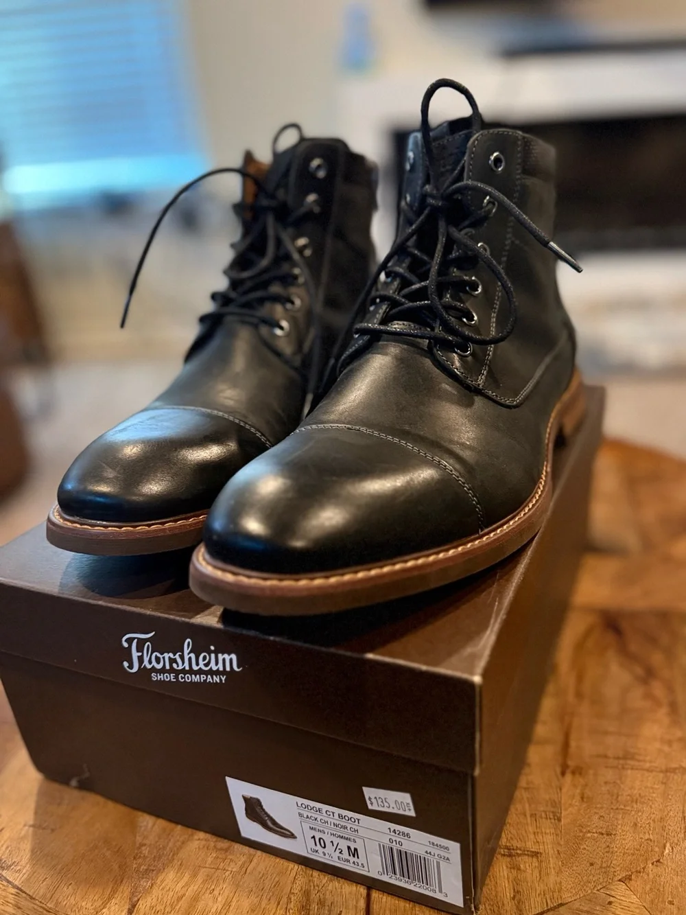 Florsheim Black Leather Lodge Cap Toe Boots with Brown Sole